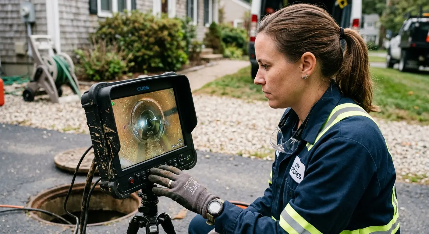 Technician reviewing sewer camera inspection footage in Lexington