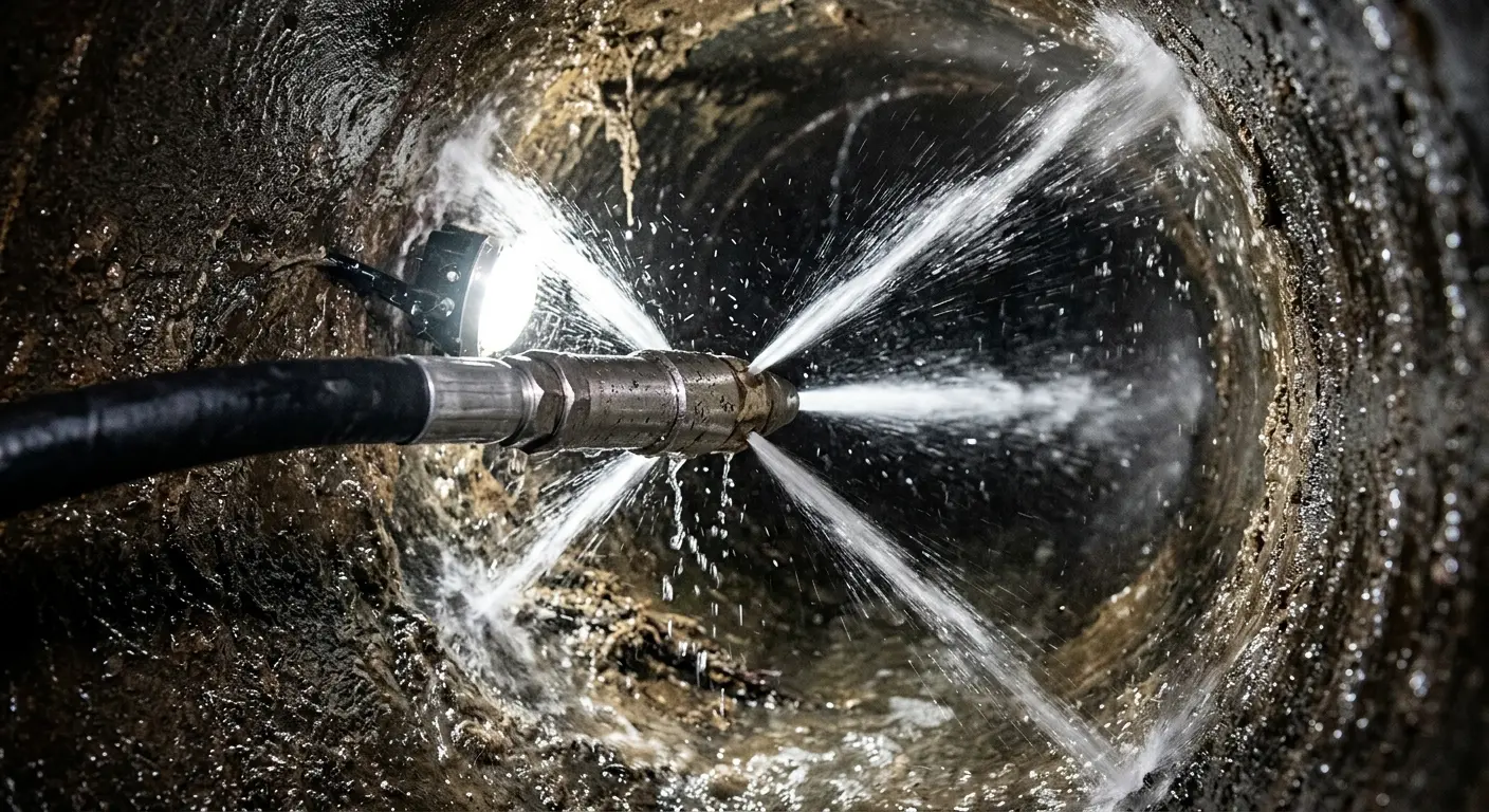 High-pressure hydro jetting nozzle cleaning sewer pipe for Trenchless Sewer Repair in Lexington