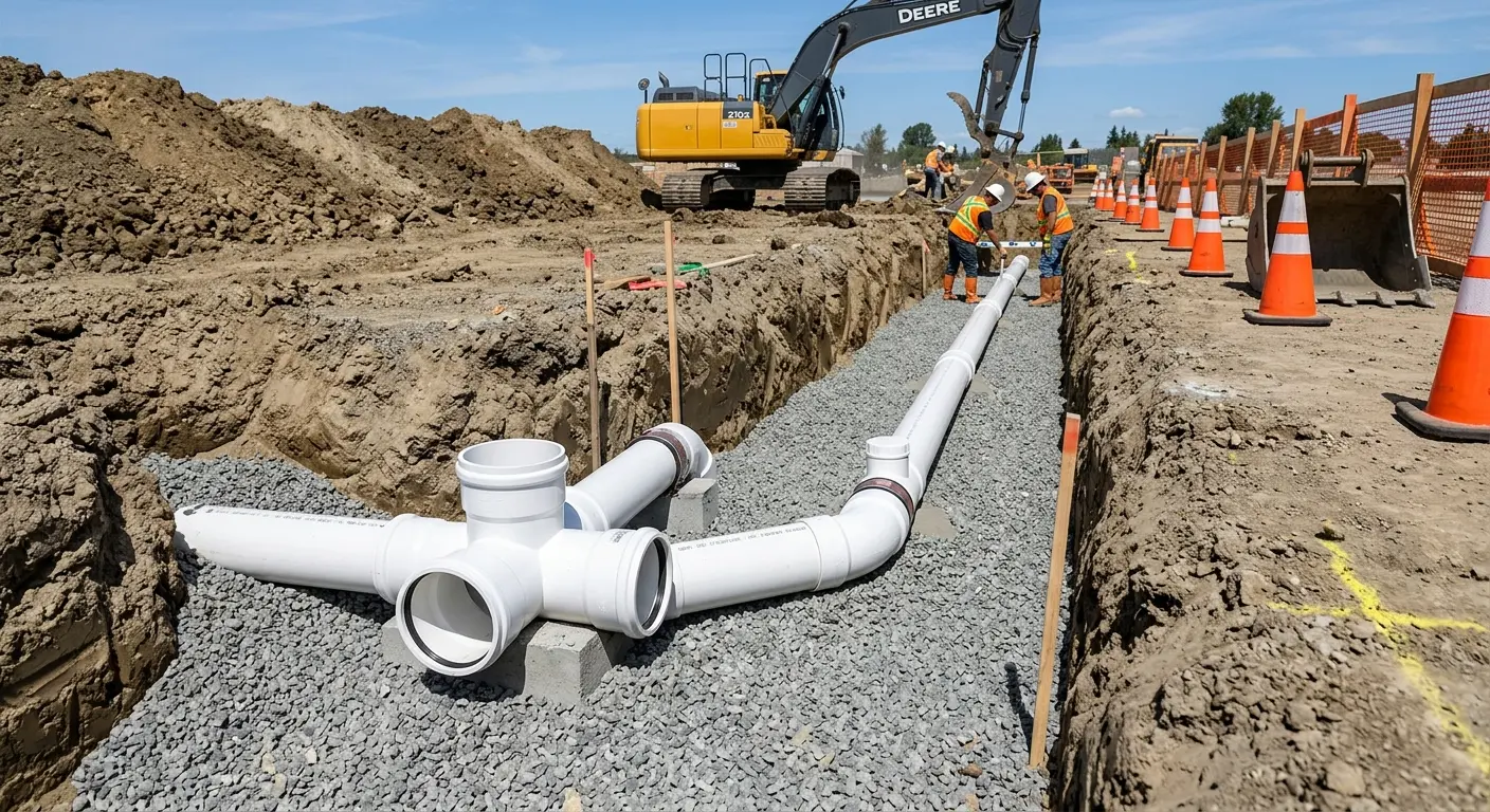New PVC sewer pipe installation in open trench for Commercial Drain Cleaning in Lexington