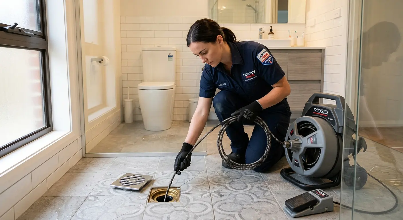 Technician clearing a bathroom floor drain for Hydro Jetting in Lexington